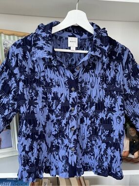 Maeve/Anthropologie Button Up Fully Ruched Top with Sleeves to Elbow Size L